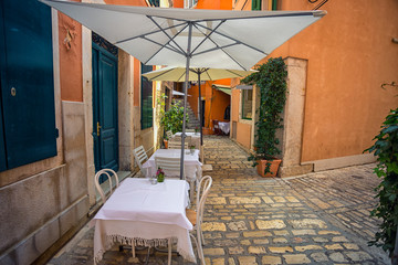 Street scene in old mediterranean town of Rovinj, Croatia.