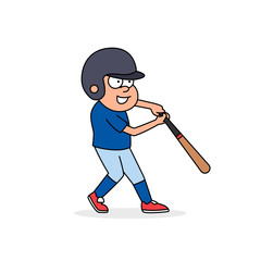 Baseball player swing baseball bat, vector retro cartoon sport illustration