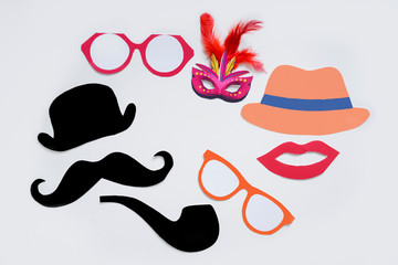 Concept of carnival festival, Hand made carnival mask, mustache  and hat