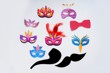 Concept of carnival festival, Hand made carnival mask, mustache  and hat