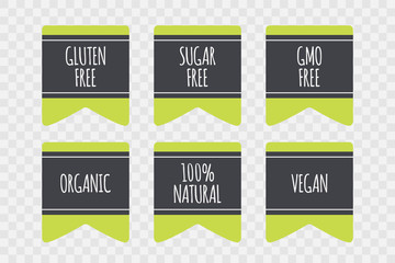Fototapeta na wymiar Gluten, Sugar, GMO Free, Organic, Vegan, 100% Natural label icon. Vector sign isolated on transparent background. Illustration symbol for food, product, logo, package, healthy eating