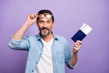 Wow travel agency sales. Impressed crazy man hold voyage tickets he get on low price stare stupor...