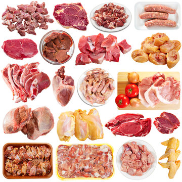 Collection of raw meat, poultry and sausages isolated