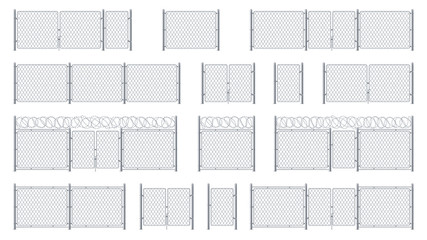 Set of isolated chain link fences with barbed wires and chainlink, entrance or gate, cage wicket. Barrier for jail or obstacle for security, steel or metal wall with barbwire, chained military border - obrazy, fototapety, plakaty