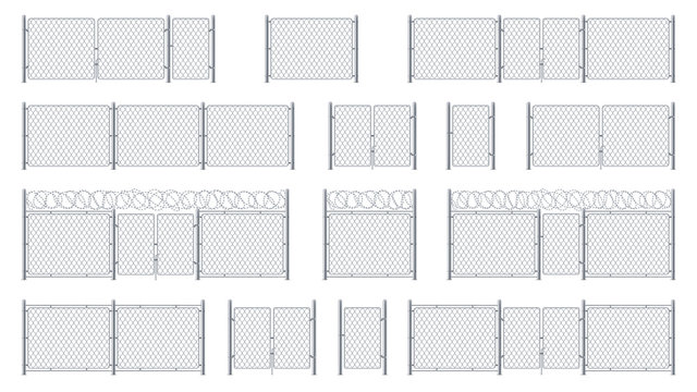 Set of isolated chain link fences with barbed wires and chainlink, entrance or gate, cage wicket. Barrier for jail or obstacle for security, steel or metal wall with barbwire, chained military border