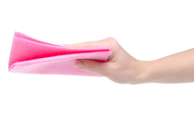 Pink rag cleaning in hand on white background isolation
