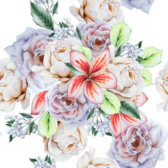 Bright seamless pattern with flowers. Rose. Plumeria.  Watercolor illustration. Hand drawn.