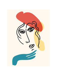 Minimal line drawing of abstract young woman in red hat and glove.