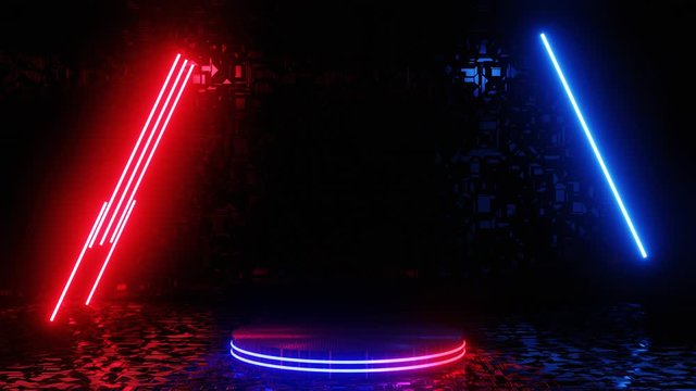 Neon lines blink on the podium. Abstract neon background. 4K loop animation