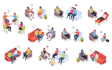 People at psychotherapy session, psychologist counseling for family couples and kids, vector isometric design. Psychologist doctor and patients in couch at psychology therapy talking about problems