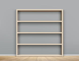 Wooden empty bookshelf in the room. Shelves cabinet - obrazy, fototapety, plakaty