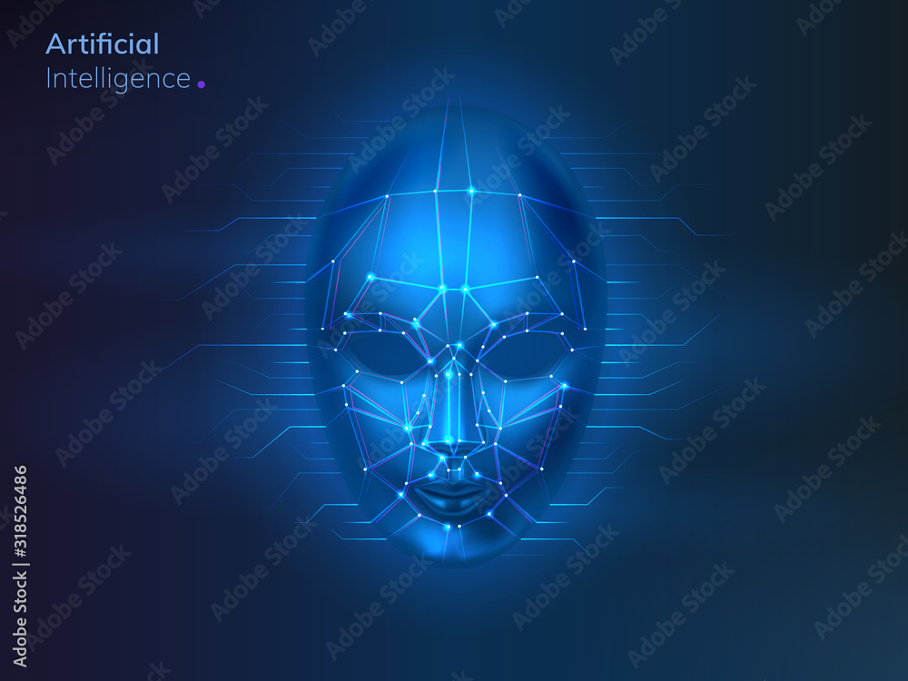 Poster Digital face recognition concept. Artificial intelligence or AI, machine learning technology for facial ID detect, biometric scan or blue head verification. Identification, security, futuristic theme