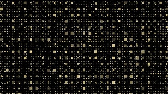 Moving camera through gold particles square rectangle shape pattern on black background. Golden luxury digital futuristics concept. Abstract backdrop element for overlay. Alpha channel