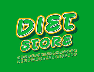 Vector colorful Sign Diet Store. Bright Green and Yellow Font. Creative Alphabet Letters and Numbers.