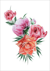 Watercolor bouquet with flowers. Rose. Peony. Illustration.  Hand drawn.