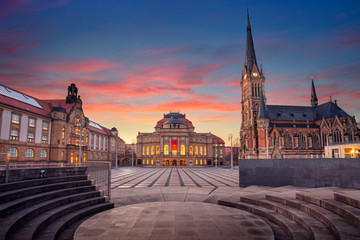 Chemnitz, Germany. Cityscape image of Chemnitz, Germany with Chemnitz Opera and St. Petri Church during beautiful sunset.