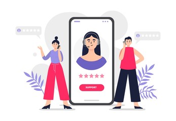 Customer service illustration. Cute woman in headphones, answers clients phone calls, help them, get feedback and good rate. Flat Vector illustration.