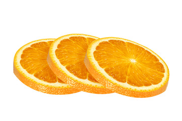 Three slices of sweet juicy orange fruit isolated on white background