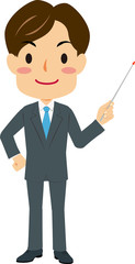 左手に指し棒を持ったスーツ姿の男性