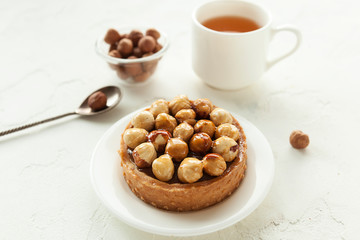 Hazelnut tartlet. Hazelnut. Gourmet dessert.