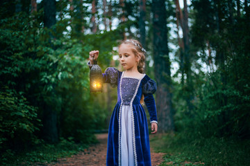 A little girl with white hair in a purple medieval dress stands with a lamp. The fairy princess got...