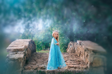 A little girl with white hair in a blue dress and with a crown on her head stands on the bridge.