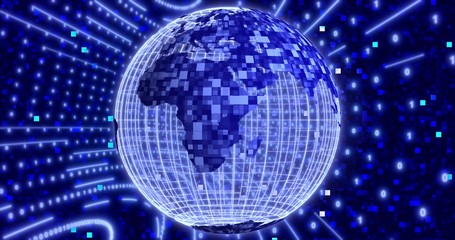 Neon Digital binary background with rotating Blue Planet earth. animation for network, digital event. 3D illustration