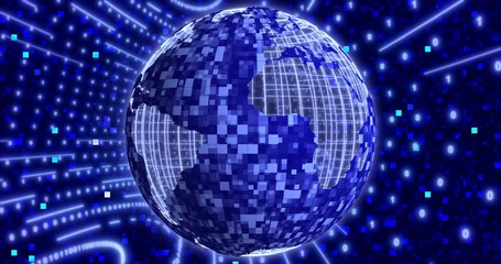 Neon Digital binary background with rotating Planet earth. animation for network, digital event. 3D illustration