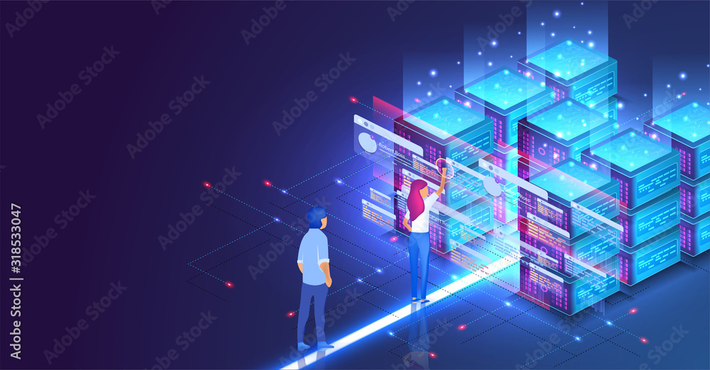 Poster isometric concept a young woman and man creates a custom design datacenter or blockchain background.
