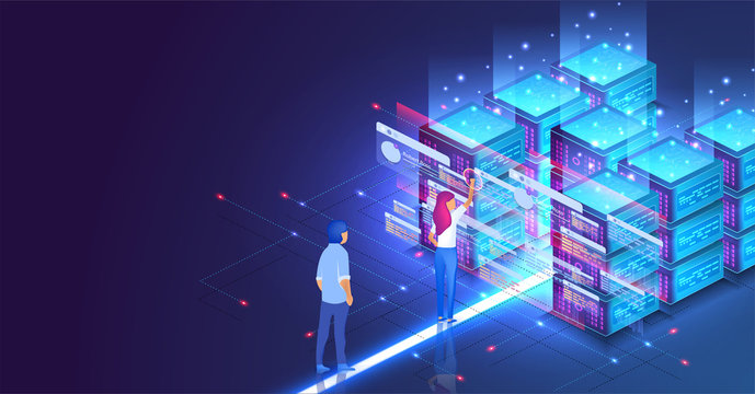 Isometric concept a young woman and man creates a custom design datacenter or blockchain background.Hosting server. UI UX design. Network mainframe infrastructure website layout. Landing page template