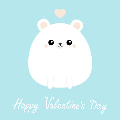 Happy Valentines Day. White bear icon. Funny head face. Cute kawaii cartoon round character. Pink heart. Baby greeting card template. Blue background. Flat design.