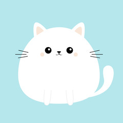 White cat kitty kitten icon. Funny head face. Cute kawaii cartoon round character. Baby greeting card template. Happy Easter sign symbol. Blue background. Flat design.