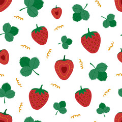 Red strawberries with leaves. Seamless pattern. Vector individual elements on white background.