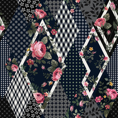 seamless floral patchwork pattern with roses - 318534474