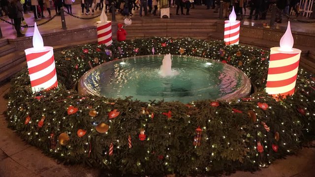 Mandusevac fountain on Ban Jelacic square decorated with advent wreath as part of Advent in Zagreb