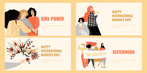 Fototapeta na wymiar Set of banners with congratulations to the International Women's Day with a group of women holding a big banner, girls holding hands, girlfriends with glasses of wine and a bouquet of flowers