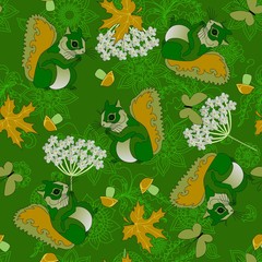 Seamless pattern with squirrels, butterflies, flowers, leaves, and mushrooms.