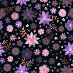 Floral seamless pattern with embroidered flowers on black background.