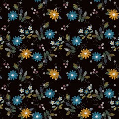 Embroidery seamless pattern with blue and yellow flowers. Beautiful vector print for fabric and textile. Fashion design.