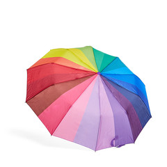 Beautiful bright umbrella made of sectors of all colors of the rainbow, isolated on a white background.
