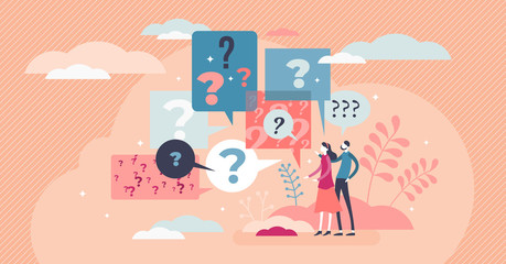 Questions abstract art style concept, flat tiny person vector illustration