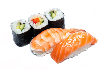 Sushi set with salmon and shrimp, and cucumber rolls on a white isolated background