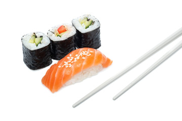 Sushi rolls with cucumber and sushi with salmon and sticks isolated on a white background