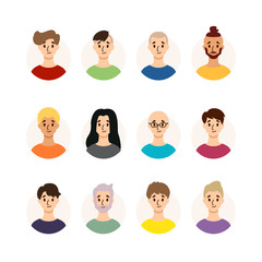 Set of men with different hairstyles, hair color and ages. Collection of males avatars. Vector illustration isolated on white background. Flat style.