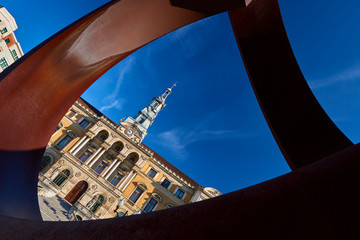 View of City Hall of Bilbao Though the Variante Ovoide sculpture by Jorge Oteiza, Bilbao, Biscay,...