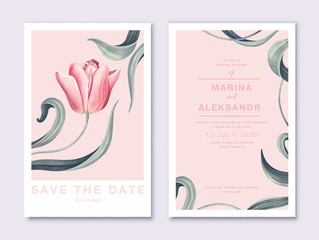 Floral wedding invitation card template with pink tulip flower and leaves on light pink background, pastel vintage style. High realistic, hand drawn, vector botanical elements for save the date card.