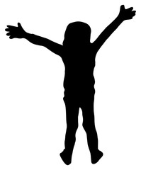 Vector silhouette of a girl with hands up on a white background.