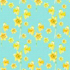 Naklejka na ściany i meble Floral seamless pattern with yellow narcissus watercolor. Spring floral background. Hand drawn painting