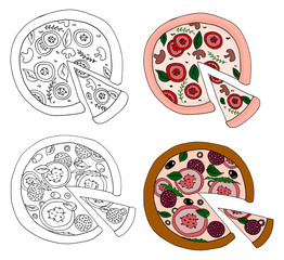 A set of painted pizza colored and for coloring. Italian pizza. Hand drawn sketch, vector illustration.