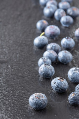 Top view of a group of wet blueberries on dark slate in vertical with selective focus and copy space